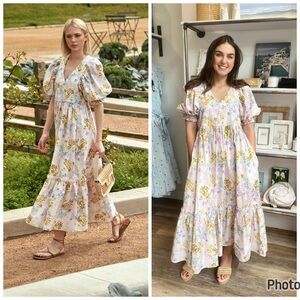 Hunter Bell Palmer Dress Medium Iris Bloom Floral Puff Sleeve Midi Easter Pastel